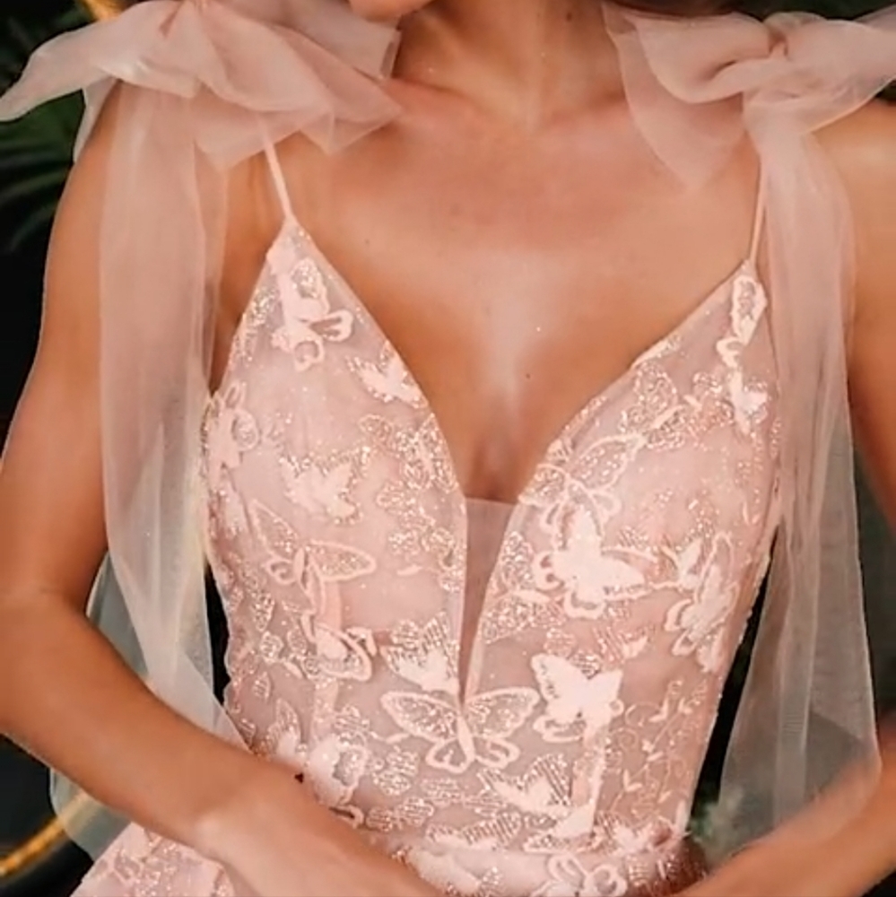 Romantic Blush Butterfly Tulle V-Neck Wedding or Prom Gown Size 12 Ballgown NWT